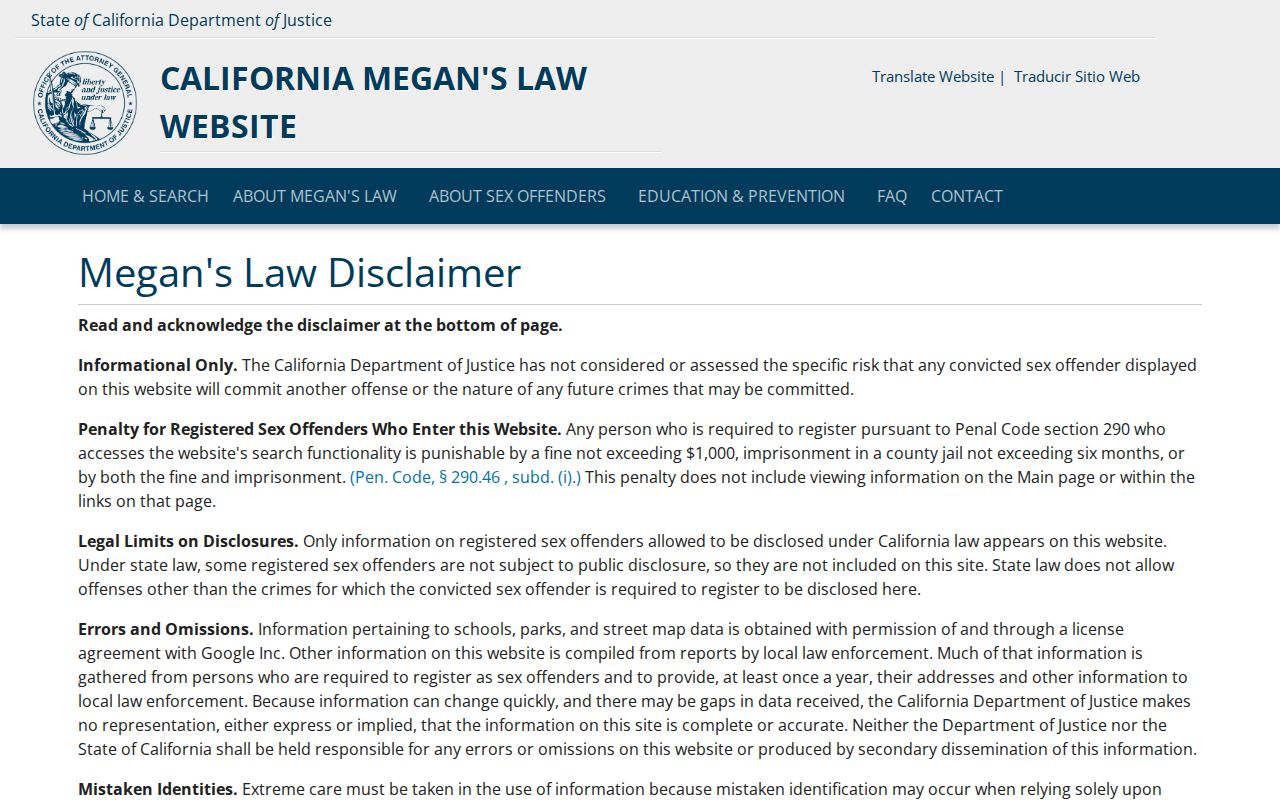 California Megan’s Law search interface for Lomita neighbors research