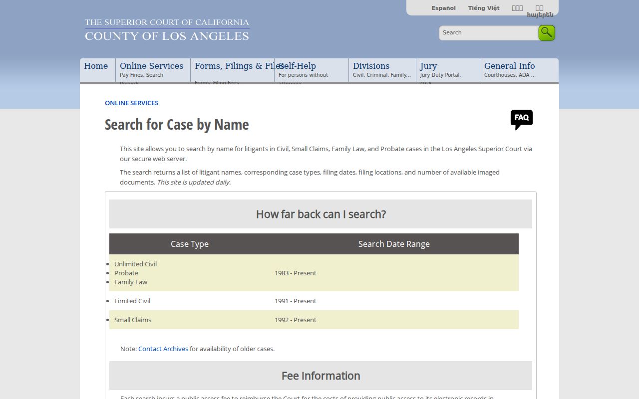 Lomita resident lookup LASC party-name index search