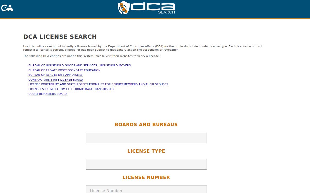 Lomita resident lookup California DCA professional license search