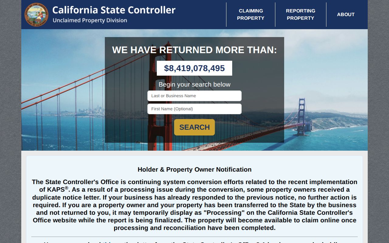 Lomita resident lookup California unclaimed property name search